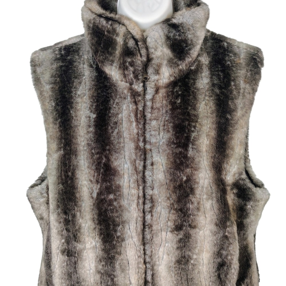 Blassport Womens L Reversible Faux Fur Vest Brown Black Striped Mob Wife Chic